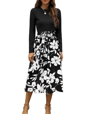 Zattcas Women's Black White Round Neck Ribbed Long Sleeve Pull on Midi Dresses